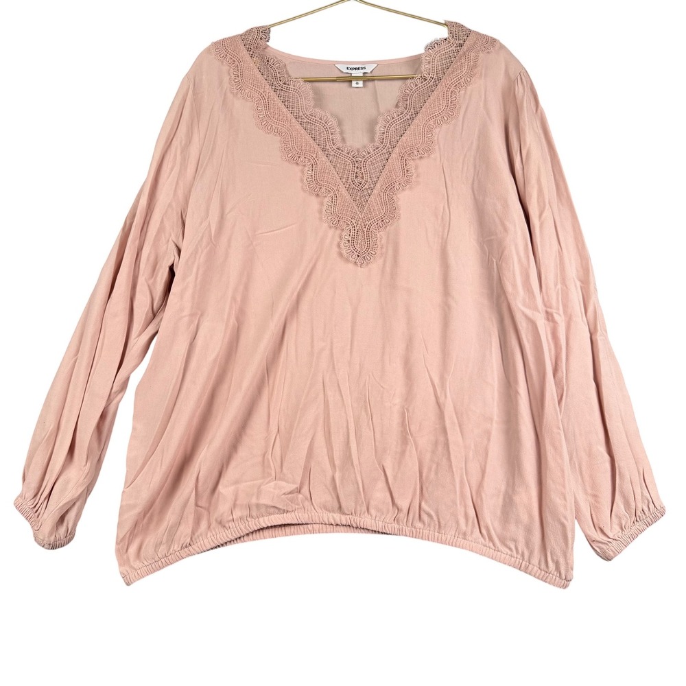 Express Womens Pink Lace Trim V-Neck Long Sleeve‎ Elastic Hem Blouse XS 961